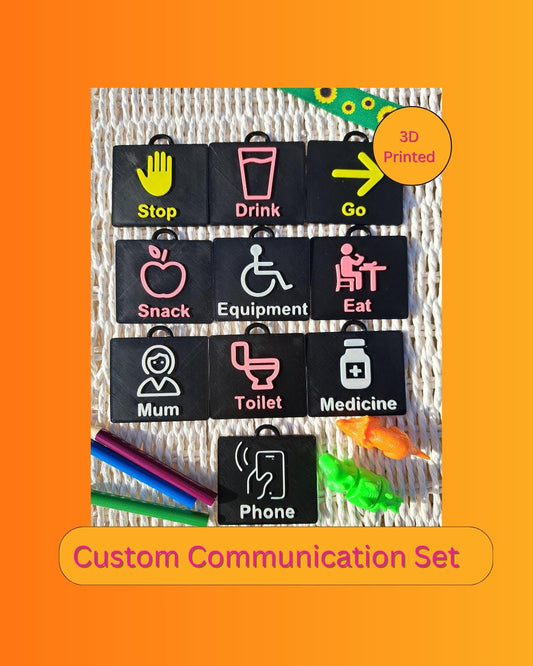 Custom autism communication tags – 3D-printed PECS alternative for nonverbal children. Personalized AAC tags for autism, ADHD, and speech delay. Visual schedule and emotional regulation tool. Lightweight, durable, and easy to use. Perfect for sensory-friendly communication support.