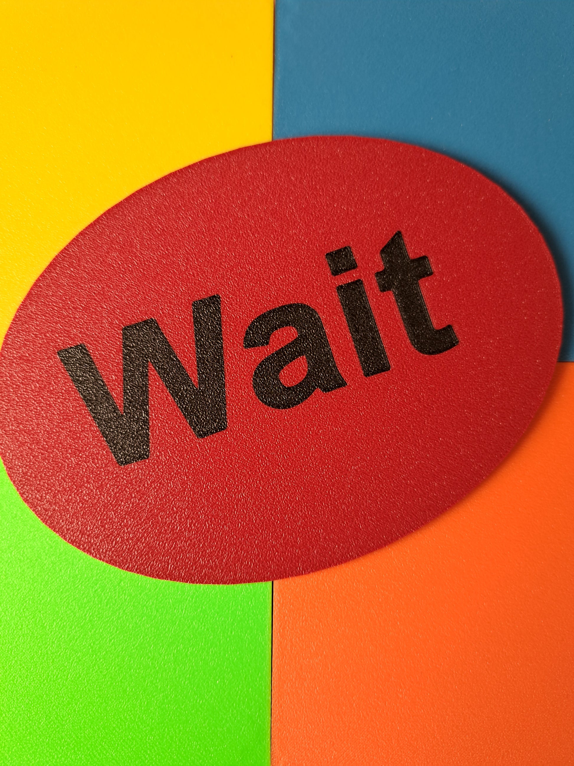 Colorful 13cm 'Wait' and 'My Turn' signs/cards designed to help children learn patience, turn-taking, and respect for boundaries. Durable and child-friendly, perfect for classrooms, therapy, or home use.