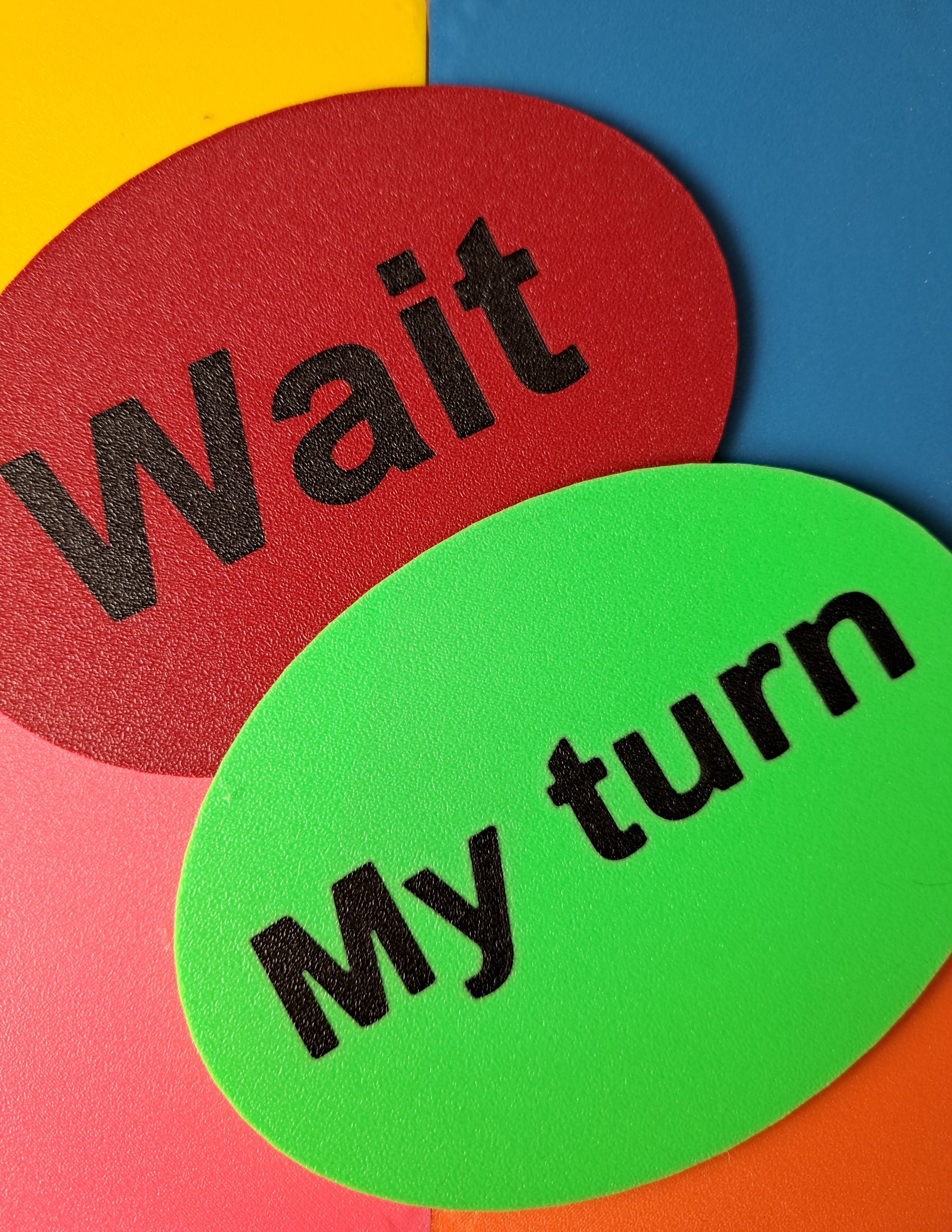 Colorful 13cm 'Wait' and 'My Turn' signs/cards designed to help children learn patience, turn-taking, and respect for boundaries. Durable and child-friendly, perfect for classrooms, therapy, or home use.