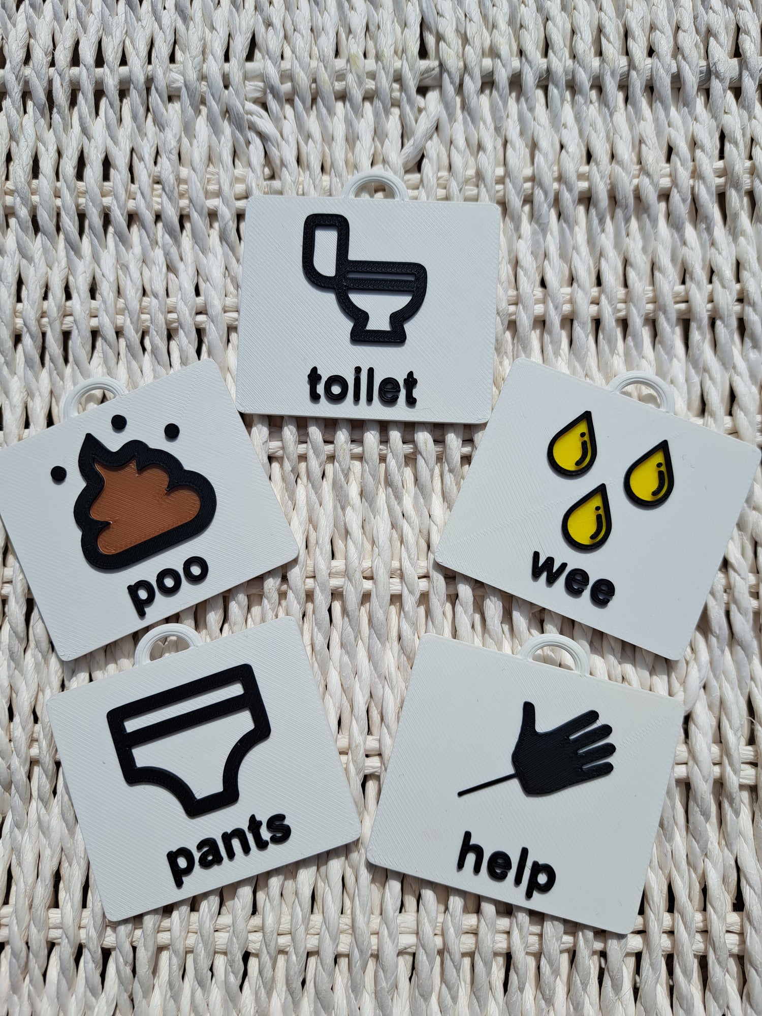 Set of 5 3D printed toilet training visual tags for autistic children