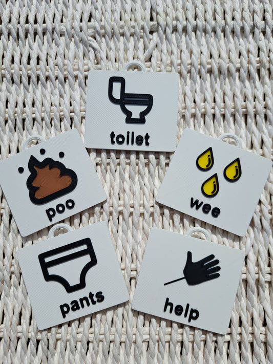 Set of 5 3D printed toilet training visual tags for autistic children