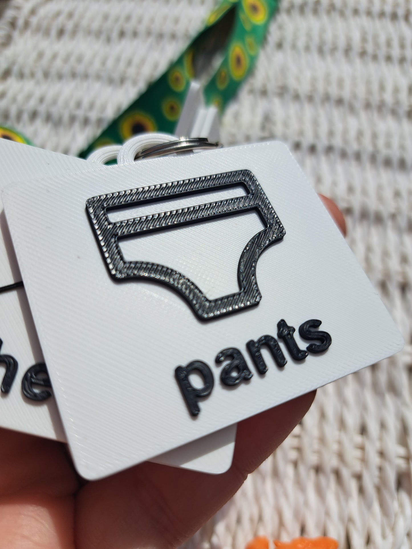 Close-up of the ‘pants’ tag from the toilet communication set, showing raised text and symbol.