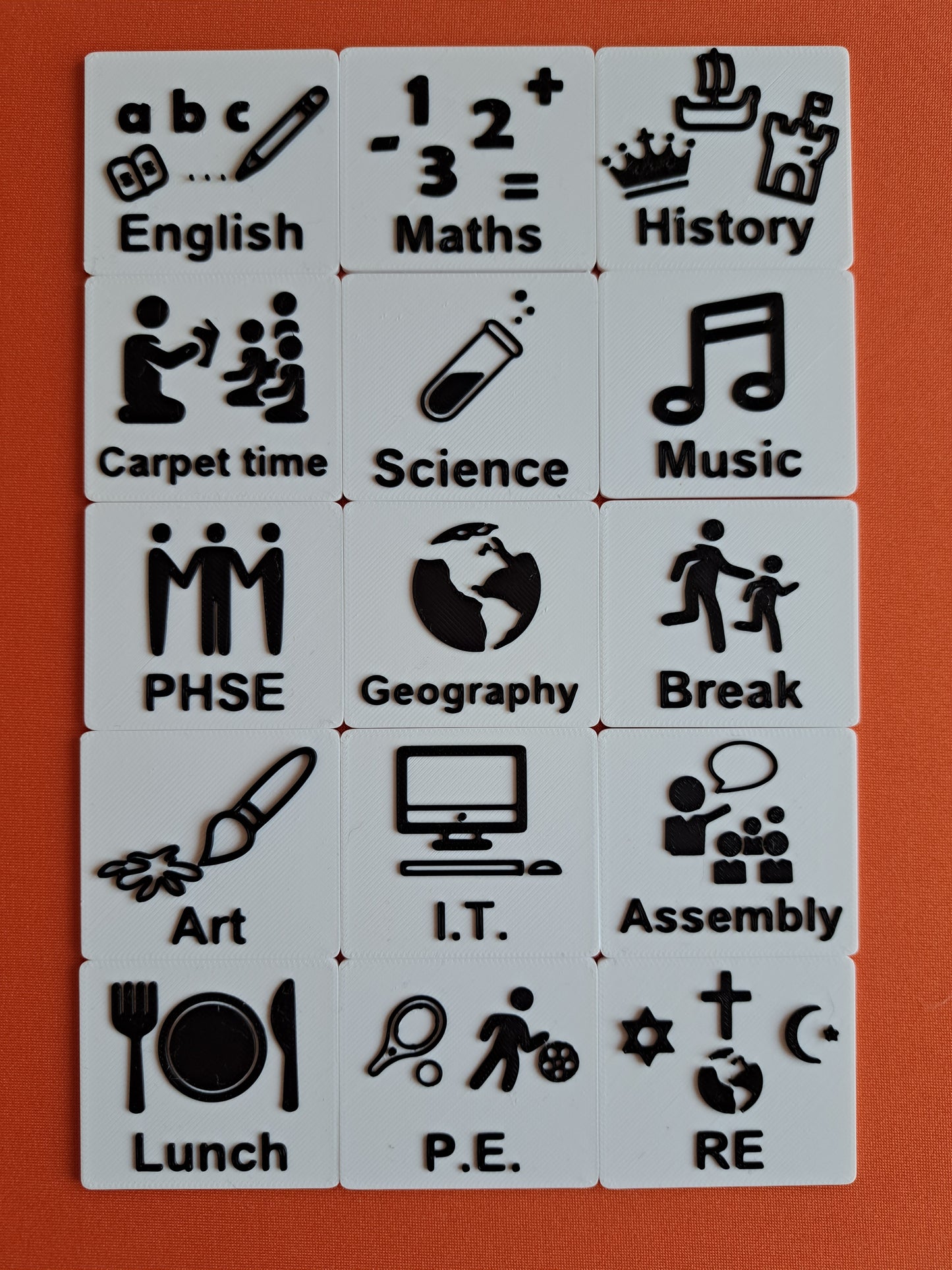 Autism communication tags for school subjects like PE, Maths and history
