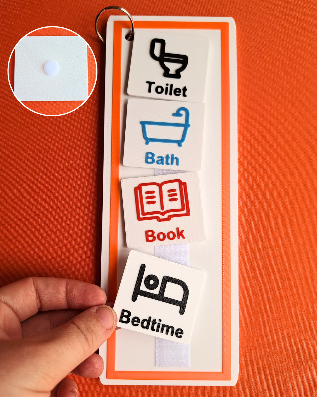 Velcro communication tags and board used as autism visual aid for home or school.
