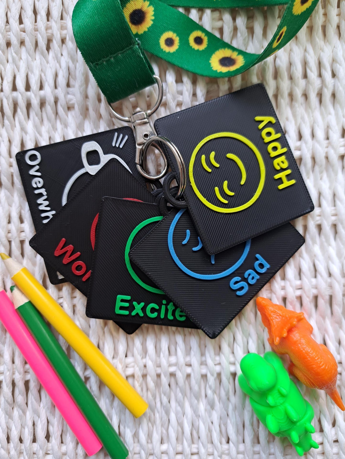 Set of five 3D-printed autism communication tags displaying different emotions: "Happy," "Excited," "Sad," "Worried," and "Overwhelmed." These durable, non-verbal communication aids support autistic individuals, ADHD, and SEN users with emotional regulation. Ideal for PECS, AAC, and sensory-friendly communication tools.