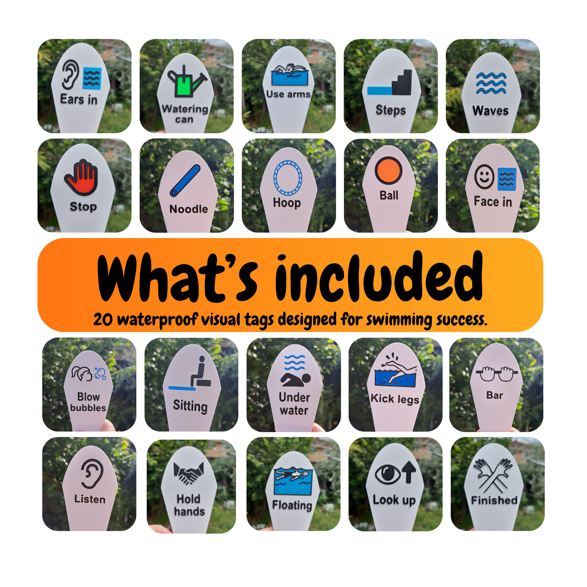 Brightly colored SEN-friendly swim tags designed to support communication in the water.