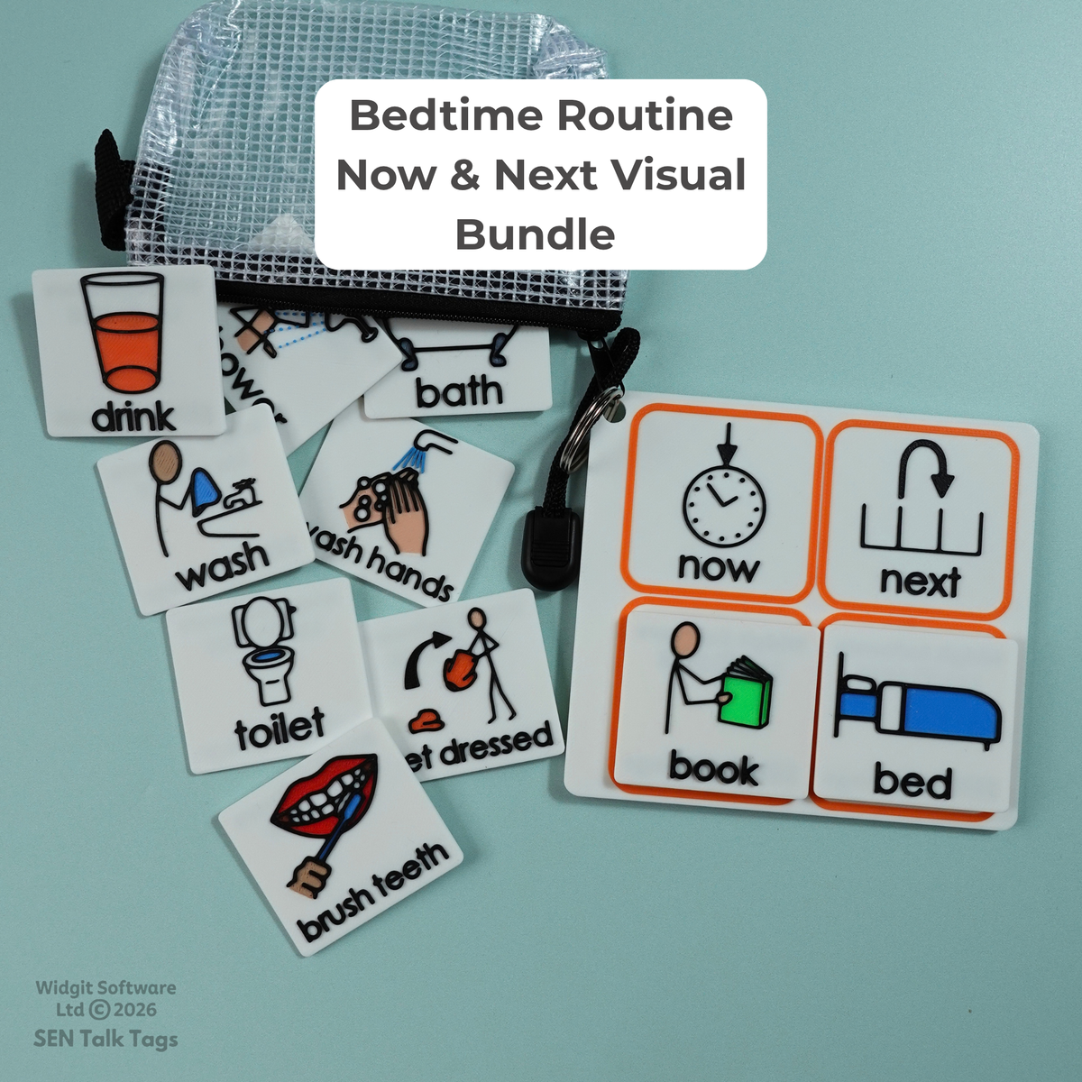 Bedtime Routine Now & Next Visual Bundle - Board + 10 Tiles + Wallet (Featuring Licensed Widgit® Symbols)