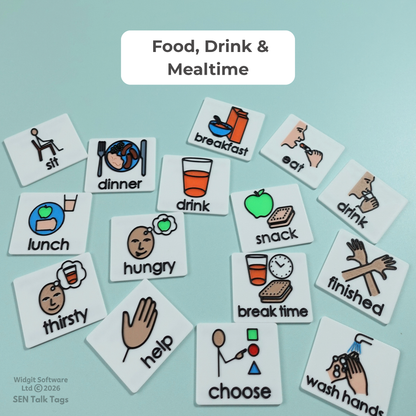 Build Your Own: Food, Drink & Mealtimes – Talk Tags Tiles (Featuring Licensed Widgit® Symbols)