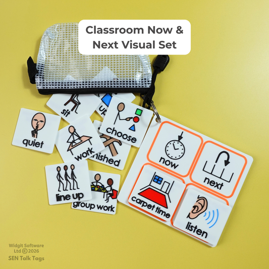Classroom Now & Next Visual Set – Board + 10 Tiles + Mini Wallet (Featuring Licensed Widgit® Symbols)