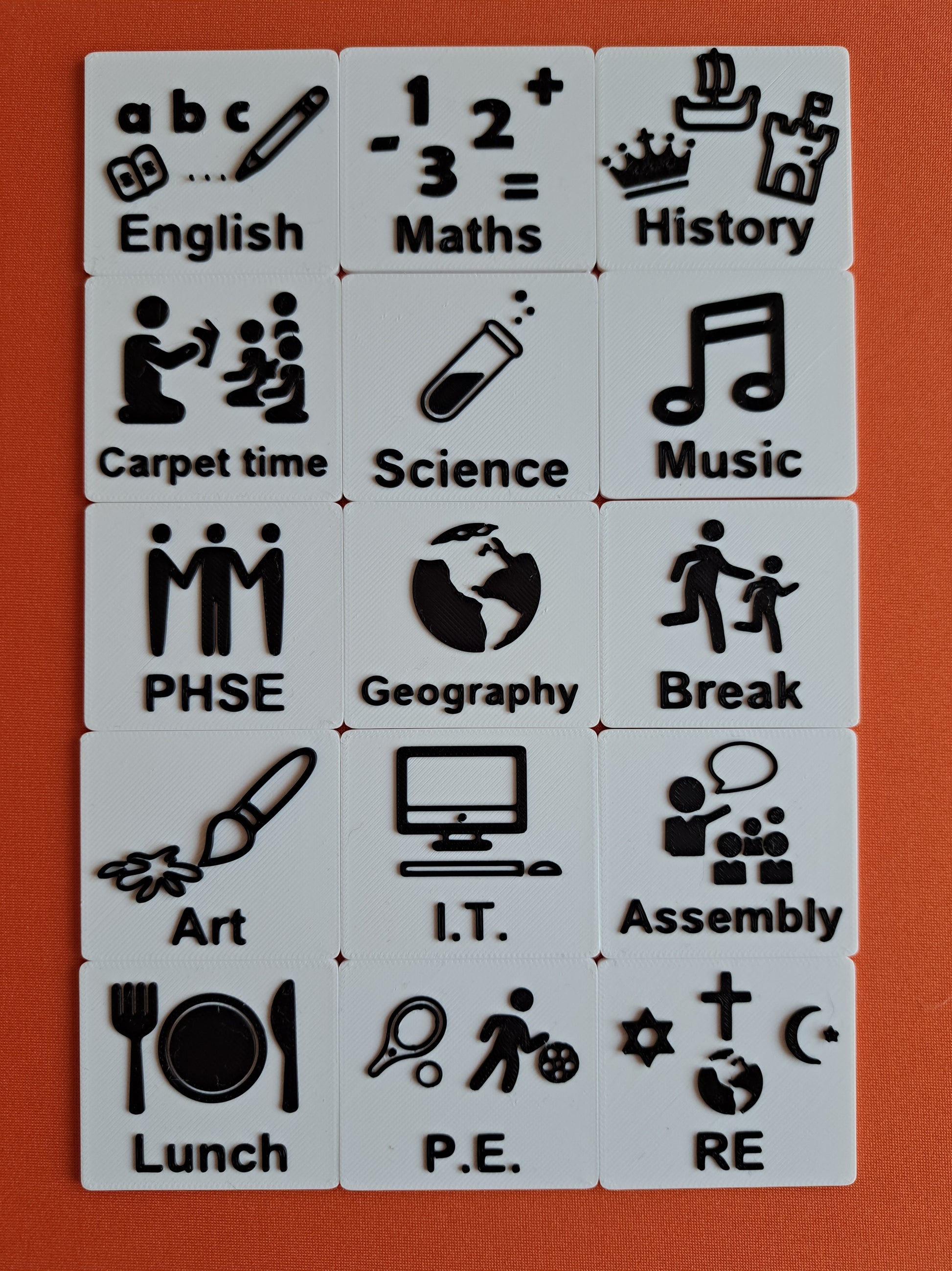 Autism communication tags for school subjects like PE, Maths and history