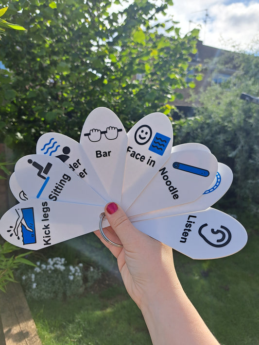 Waterproof communication swim tags for SEN swim lessons, featuring 20 visual prompt cards.