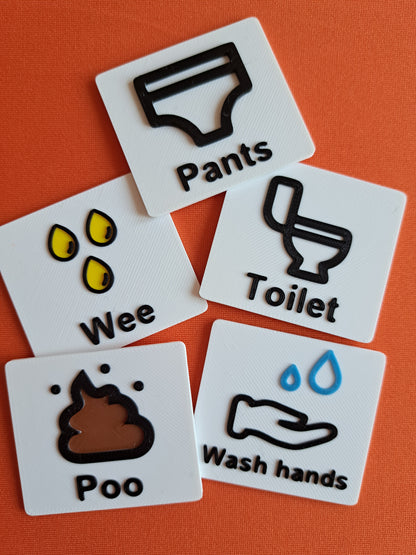 Autism toilet tags with icons for toilet, wash hands and more for communication board