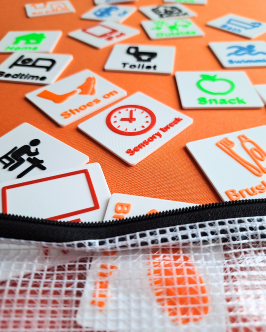 Autism communication tags for visual schedule boards with Velcro backing.