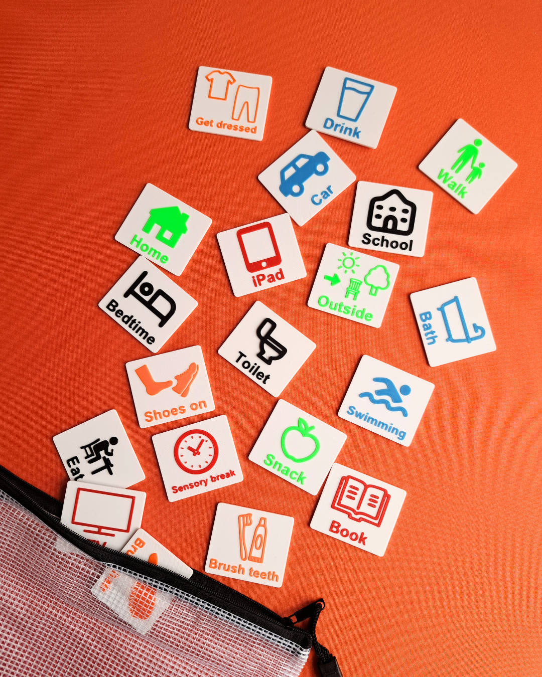 Visual symbols showing tasks like brush teeth, eat, toilet, and bedtime for daily routines.