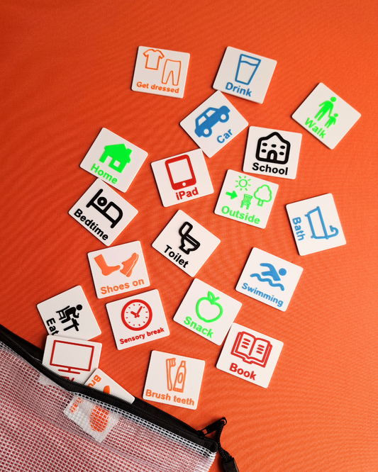 Visual symbols showing tasks like brush teeth, eat, toilet, and bedtime for daily routines.