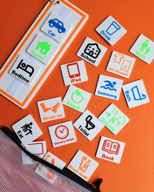 Visual schedule board bundle with tag wallet and 20 daily routine Velcro tags for autism and SEN support.
