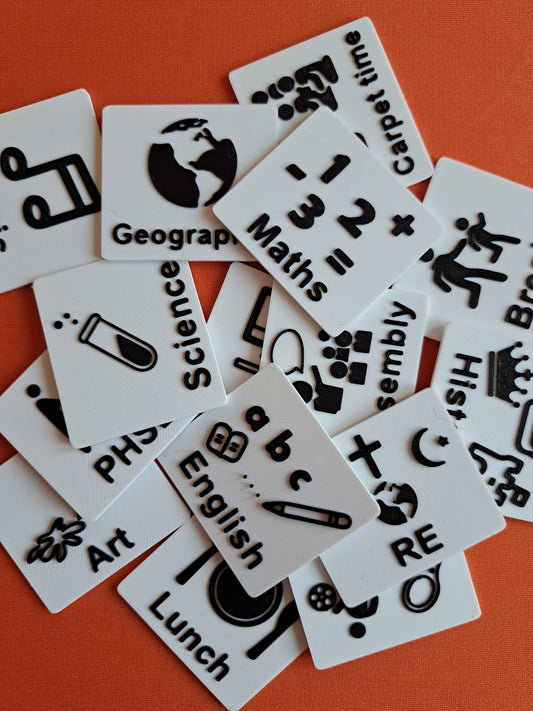 Autism communication tags for school subjects like PE, reading, and lunch.