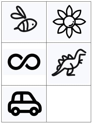 A grid of images- bee, flower, infinity symbol, dinosaur and car. Showing options available for Autism ID tags perfect for backpacks, keyrings or sunflower lanyards