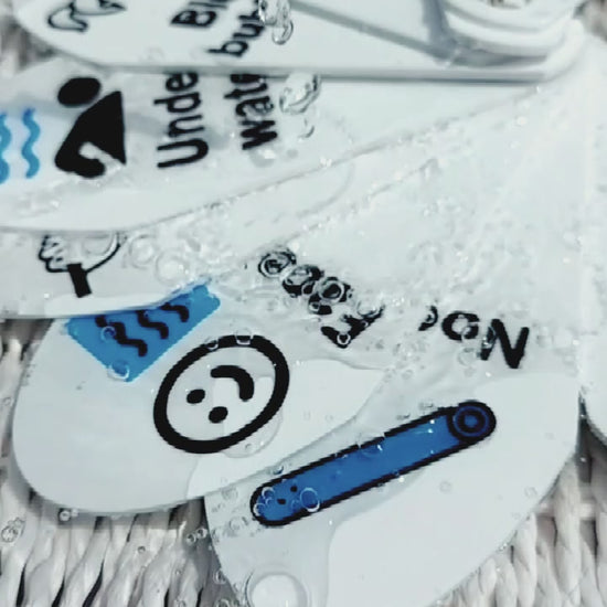 Durable waterproof visual support tags for swimming, ideal for non-verbal or anxious children.
