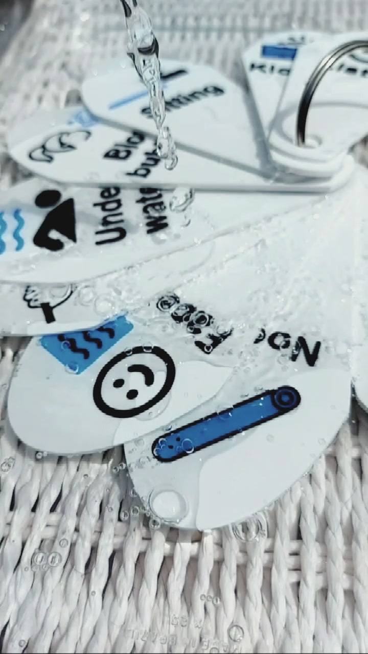 Durable waterproof visual support tags for swimming, ideal for non-verbal or anxious children.