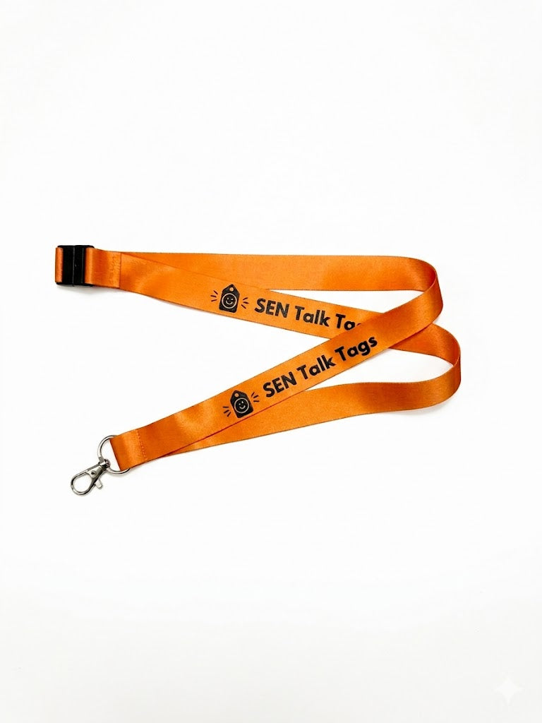 Orange lanyard with 'SEN Talk To SEN Talk Tags' text on a white background